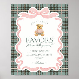 Pink Coquette Bow Bear Plaid Party Favors Sign Poster