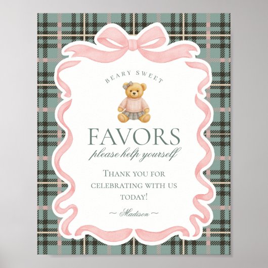 Pink Coquette Bow Bear Plaid Party Favors Sign Poster (Voorkant)