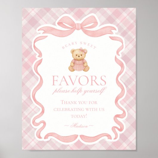 Pink Coquette Bow Bear Plaid Party Favors Sign Poster (Voorkant)