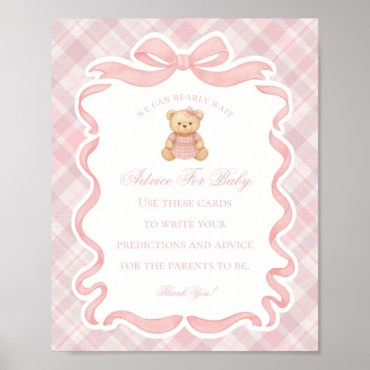 Pink Coquette Bow Bear Shower Advice for Baby Poster (Voorkant)
