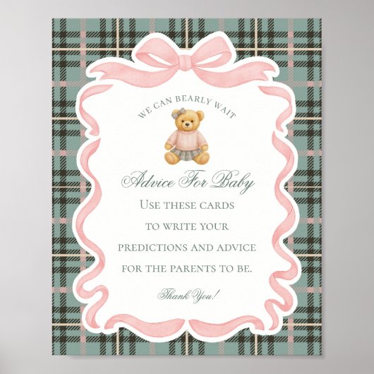 Pink Coquette Bow Bear Shower Advice for Baby Poster (Voorkant)