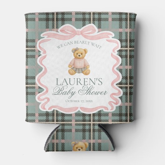 Pink Coquette Bow Bear Tartan Baby Shower Favor Blikjeskoeler (Voorkant)