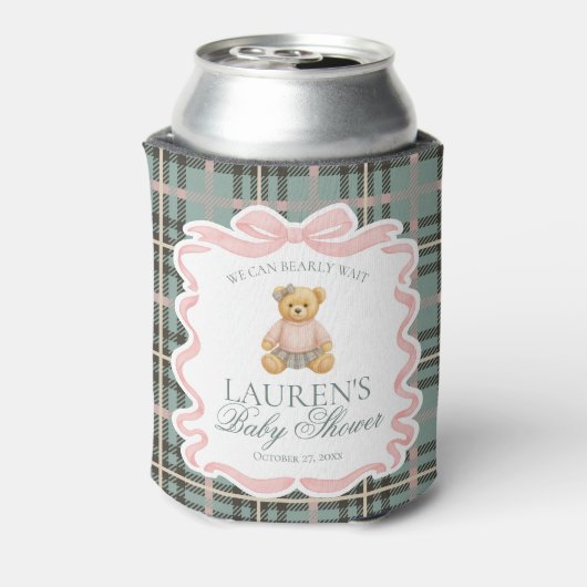Pink Coquette Bow Bear Tartan Baby Shower Favor Blikjeskoeler (Blikje Achterkant)