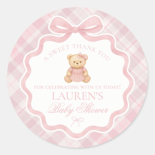 Pink Coquette Bow Bear Tartan Baby Shower Favor Ronde Sticker (Voorkant)