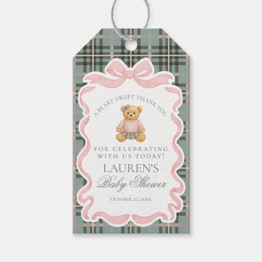 Pink Coquette Bow Bear Tartan Baby Shower Favors Cadeaulabel (Voorkant)