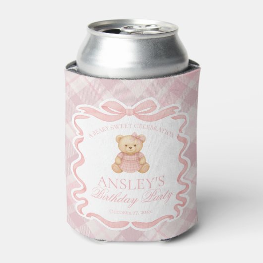 Pink Coquette Bow Bear Tartan Birthday Favor Blikjeskoeler (Blikje Voorkant)