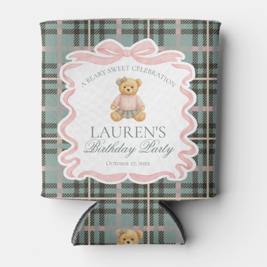 Pink Coquette Bow Bear Tartan Birthday Favor Blikjeskoeler (Voorkant)