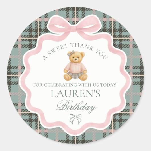 Pink Coquette Bow Bear Tartan Birthday Favor Ronde Sticker (Voorkant)