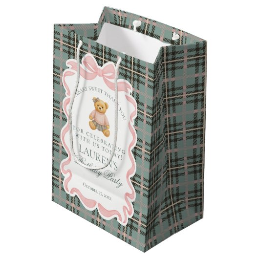 Pink Coquette Bow Bear Tartan Birthday Favors Medium Cadeauzakje (Achterkant Gekanteld)