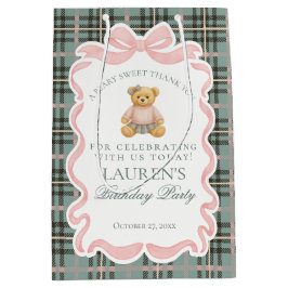 Pink Coquette Bow Bear Tartan Birthday Favors Medium Cadeauzakje