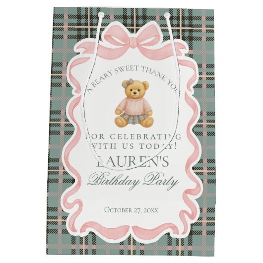Pink Coquette Bow Bear Tartan Birthday Favors Medium Cadeauzakje (Achterkant)