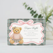 Pink Coquette Bow Bear Tartan Diaper Raffle Card Informatiekaartje (Staand voorkant)