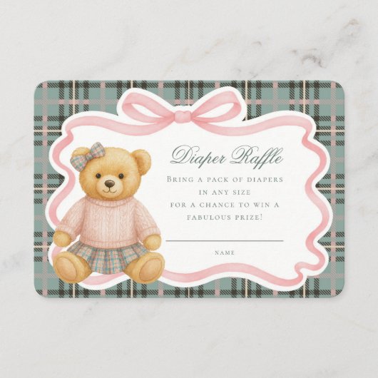 Pink Coquette Bow Bear Tartan Diaper Raffle Card Informatiekaartje (Voorkant)