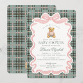 Pink Coquette Bow Bear Tartan Plaid Baby Shower Kaart (Voorkant / Achterkant)