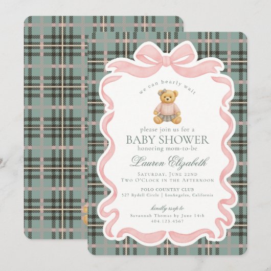 Pink Coquette Bow Bear Tartan Plaid Baby Shower Kaart (Voorkant / Achterkant)