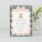 Pink Coquette Bow Bear Tartan Plaid Baby Shower Kaart (Staand voorkant)