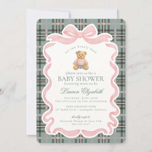 Pink Coquette Bow Bear Tartan Plaid Baby Shower Kaart (Voorkant)