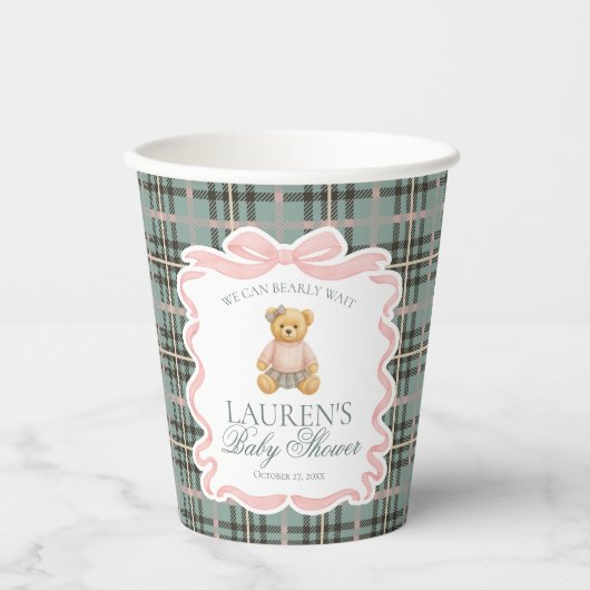 Pink Coquette Bow Bear Tartan Plaid Baby Shower Papieren Bekers (Voorkant)