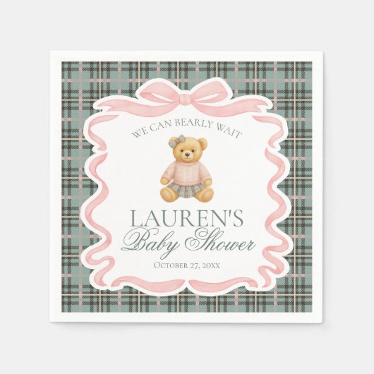 Pink Coquette Bow Bear Tartan Plaid Baby Shower Servet (Voorkant)