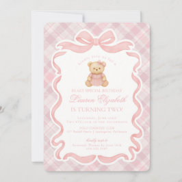 Pink Coquette Bow Bear Tartan Plaid Birthday Kaart