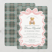 Pink Coquette Bow Bear Tartan Plaid Birthday Kaart (Voorkant / Achterkant)