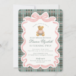 Pink Coquette Bow Bear Tartan Plaid Birthday Kaart