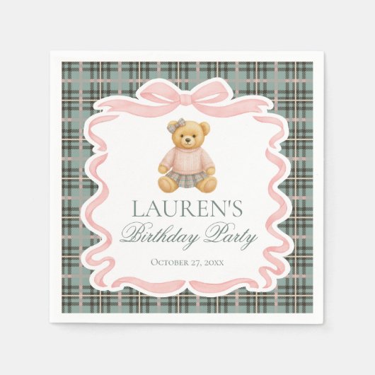 Pink Coquette Bow Bear Tartan Plaid Birthday Servet (Voorkant)