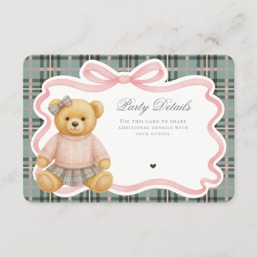 Pink Coquette Bow Bear Tartan Plaid Details Card Informatiekaartje (Voorkant)
