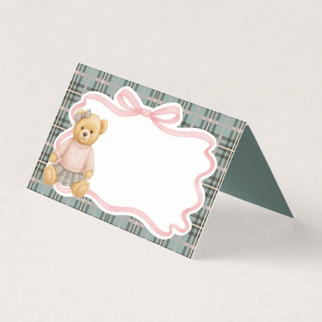 Pink Coquette Bow Bear Tartan Plaid Place Card Kaart (Voorkant)