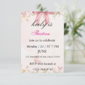 Pink Coquette Bow Birthday Invitation Bedankkaart (Staand voorkant)