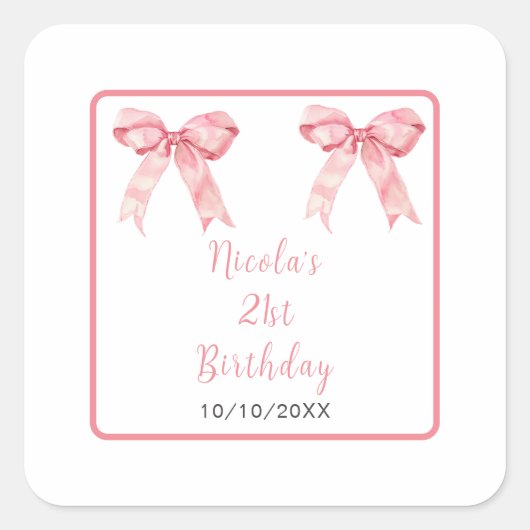 Pink Coquette Bow Birthday Party Vierkante Sticker (Voorkant)