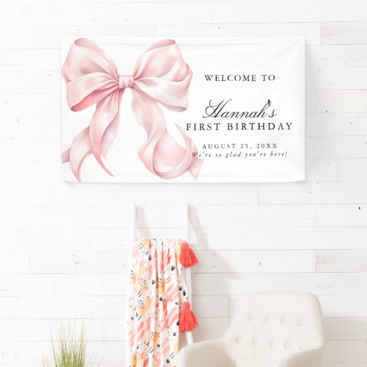 Pink Coquette Bow Birthday Party Welcome Sign Spandoek (Insitu)