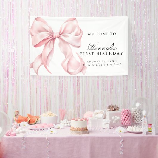 Pink Coquette Bow Birthday Party Welcome Sign Spandoek (Feest)