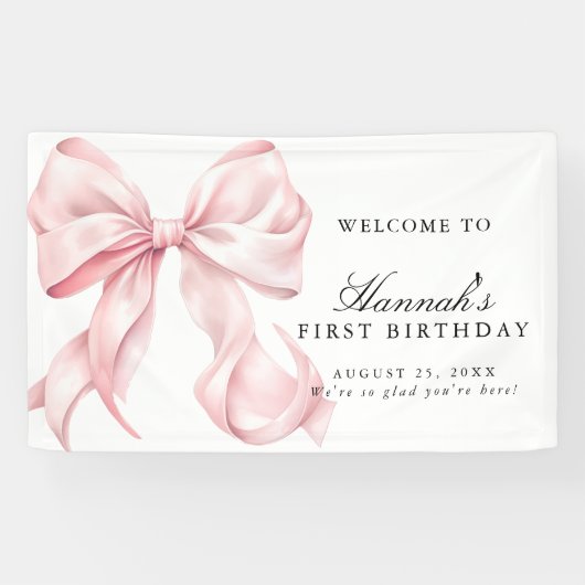 Pink Coquette Bow Birthday Party Welcome Sign Spandoek (Horizontaal)