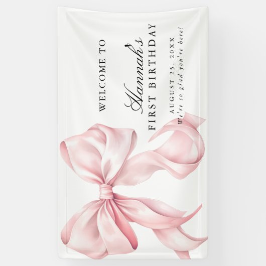 Pink Coquette Bow Birthday Party Welcome Sign Spandoek (Verticaal)