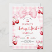 Pink Coquette Bow Cherry First Birthday Party  Kaart (Voorkant)