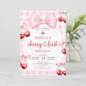 Pink Coquette Bow Cherry First Birthday Party  Kaart (Staand voorkant)