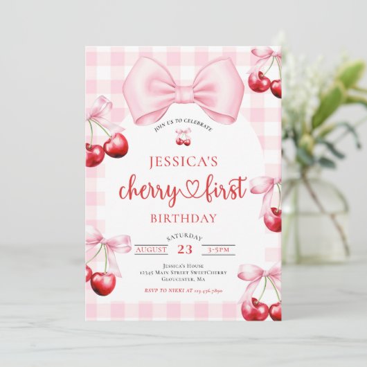 Pink Coquette Bow Cherry First Birthday Party  Kaart (Staand voorkant)