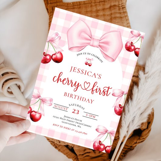 Pink Coquette Bow Cherry First Birthday Party  Kaart