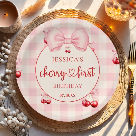 Pink Coquette Bow Cherry First Birthday Party Papieren Bordje
