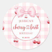 Pink Coquette Bow Cherry First Birthday Party Ronde Sticker (Voorkant)