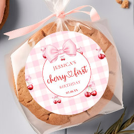 Pink Coquette Bow Cherry First Birthday Party Ronde Sticker
