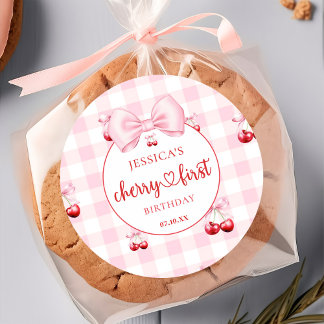 Pink Coquette Bow Cherry First Birthday Party Ronde Sticker