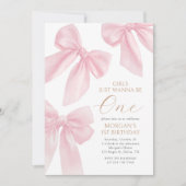 Pink Coquette Bow First Birthday Kaart (Voorkant)