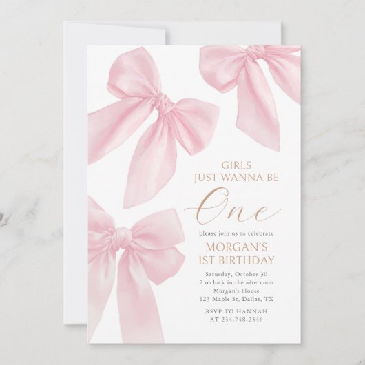 Pink Coquette Bow First Birthday Kaart (Voorkant)