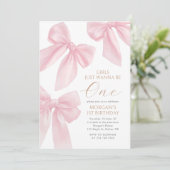 Pink Coquette Bow First Birthday Kaart (Staand voorkant)