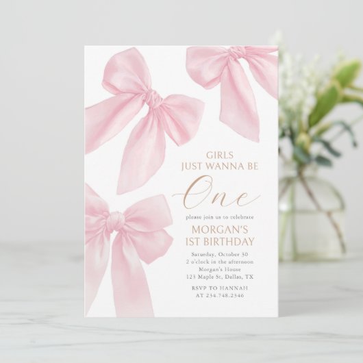 Pink Coquette Bow First Birthday Kaart (Staand voorkant)