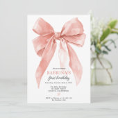 Pink Coquette Bow Girl 1st Birthday Party Photo Kaart (Staand voorkant)