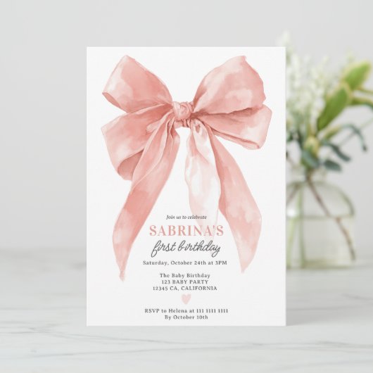 Pink Coquette Bow Girl 1st Birthday Party Photo Kaart (Staand voorkant)