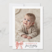 Pink Coquette Bow Girl 1st Birthday Party Photo Kaart (Achterkant)